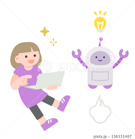 楽しそうに学ぶノートパソコンを持った子供とサポート役のAIロボット 136331487