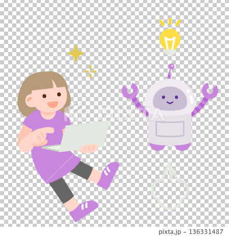 楽しそうに学ぶノートパソコンを持った子供とサポート役のAIロボット 136331487