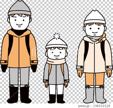 雪道を歩くときの服装をする親子 136331528