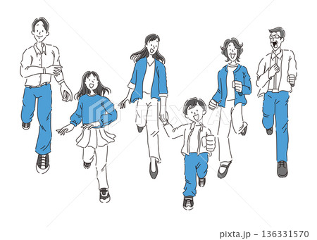 笑顔で走る二世帯家族の全身のシンプルなイラスト素材 笑顔で走る二世帯家族の全身のシンプルなイラスト素材 136331570