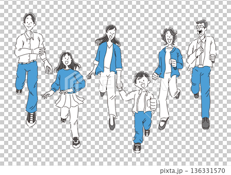 笑顔で走る二世帯家族の全身のシンプルなイラスト素材 笑顔で走る二世帯家族の全身のシンプルなイラスト素材 136331570
