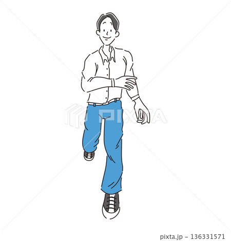 笑顔で走る私服を着た男性の全身のシンプルな手書き風イラスト素材 136331571
