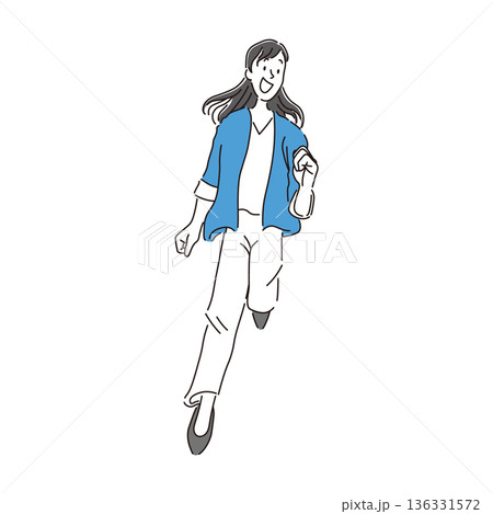 笑顔で走る私服を着た女性の全身のシンプルな手書き風イラスト素材 笑顔で走る私服を着た女性の全身のシンプルな手書き風イラスト素材 136331572