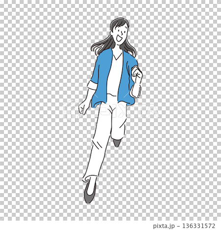 笑顔で走る私服を着た女性の全身のシンプルな手書き風イラスト素材 笑顔で走る私服を着た女性の全身のシンプルな手書き風イラスト素材 136331572