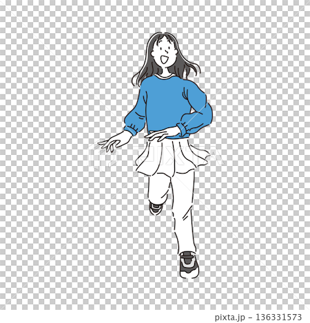 笑顔で走る女の子の全身のシンプルな手書き風イラスト素材 136331573