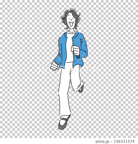 笑顔で走るシニア女性の全身のシンプルな手書き風イラスト素材 136331574