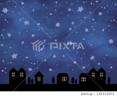 水彩風の星空と街並みシルエット背景｜幻想的な夜景イラスト素材 136331653