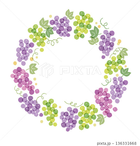 爽やかな手書き風の透明感があるぶどうのリースフレーム 136331668