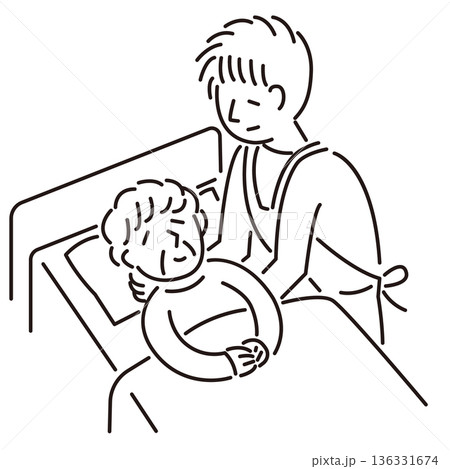寝たきりの人を介護する人のシンプルな線画イラスト 136331674