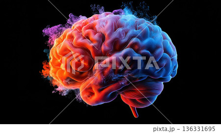 A futuristic colorful human brain is shown on a black background. 136331695