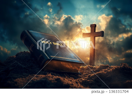 Bright sunlight, bible and holy jesus christ cross. 136331704