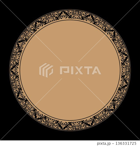 Oriental vector round frame with floral elements. Gold round Kazakh national ornament. Abstract Patterns of Islam, Arabic, Indian, ottoman. Medallion, embroidery, plate, carpet, dish 136331725