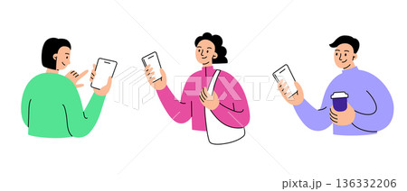 People set with men and women holding smartphones, using mobile applications and digital services. Flat cartoon vector illustration with clean screens for UI UX mockup, everyday online interaction People set with men and women holding smartphones, using mobile applications and digital services. Flat cartoon vector illustration with clean screens for UI UX mockup, everyday online interaction 136332206