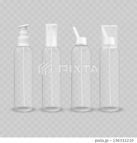 Realistic Transparent Plastic Bottle Mockup Set. Vector Pump Dispenser and Nasal Spray Container with Caps. 136332210