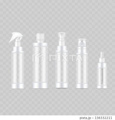 Realistic Transparent Cosmetic Bottle Set with White Caps. Vector Pump, Spray, Trigger, Dropper and Dispenser Mockup. 136332211