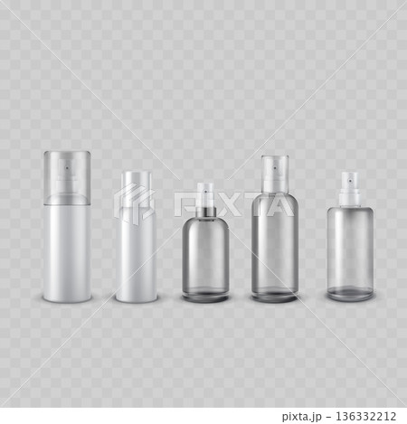 Realistic Cosmetic Bottle Mockup Set. Vector White and Transparent Spray Container Template with Caps. 136332212