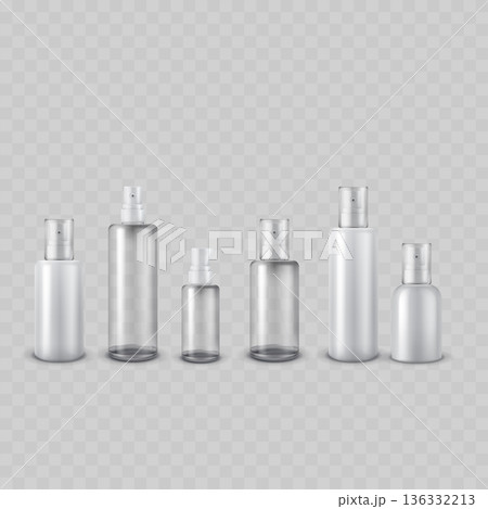 Realistic Cosmetic Bottle Mockup Set. Vector White and Transparent Spray Container Template with Caps. Realistic Cosmetic Bottle Mockup Set. Vector White and Transparent Spray Container Template with Caps. 136332213