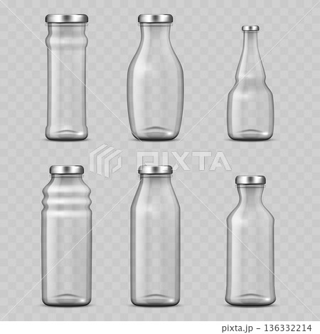 Realistic Transparent Glass Bottle Mockup Set with Silver Caps. Vector Juice, Sauce or Milk Container Templates. Realistic Transparent Glass Bottle Mockup Set with Silver Caps. Vector Juice, Sauce or Milk Container Templates. 136332214