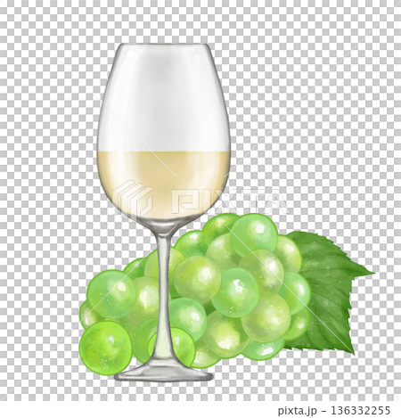 一杯白葡萄酒和葡萄。逼真插圖 一杯白葡萄酒和葡萄。逼真插圖 136332255