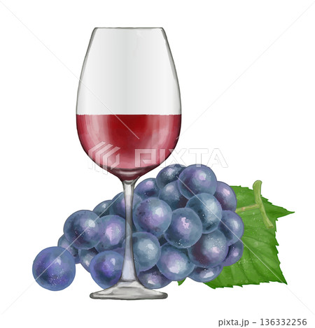 グラスに入った赤ワインと葡萄。リアルタッチなイラスト 136332256