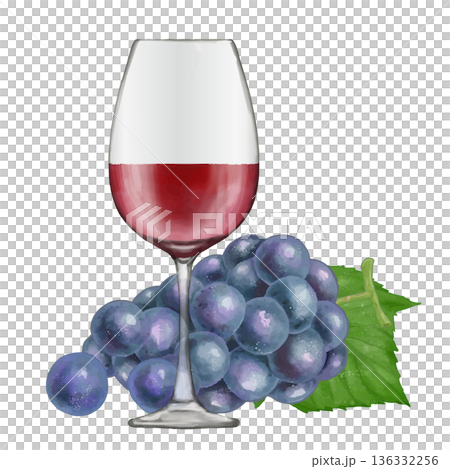 グラスに入った赤ワインと葡萄。リアルタッチなイラスト 136332256