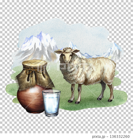 Sheep's milk. A clay jug and a glass of milk in a pasture with a sheep. A hand-drawn watercolor illustration. Perfect for advertising dairy products, banners, posters, packaging, labels, and more. 136332260