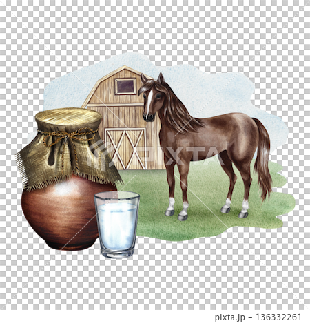 Kumis. Horse milk. A clay jug and a glass of milk on a rural scene with a horse. Hand-drawn watercolor illustration. For dairy products, banners, posters, packaging design, labels, and more. Kumis. Horse milk. A clay jug and a glass of milk on a rural scene with a horse. Hand-drawn watercolor illustration. For dairy products, banners, posters, packaging design, labels, and more. 136332261