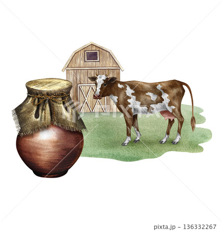 Cow's milk. A clay jug with a rural scene and a cow. A hand-drawn watercolor illustration. Perfect for advertising dairy products, banners, posters, packaging design, labels, and more. 136332267