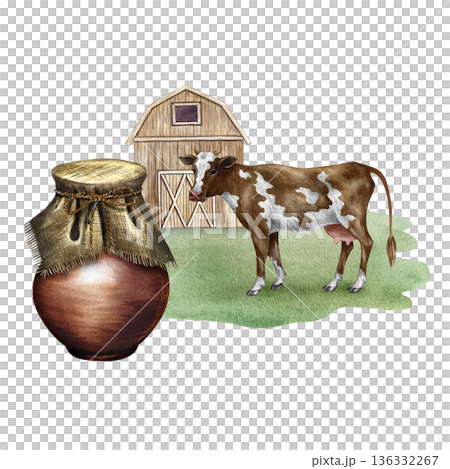 Cow's milk. A clay jug with a rural scene and a cow. A hand-drawn watercolor illustration. Perfect for advertising dairy products, banners, posters, packaging design, labels, and more. 136332267
