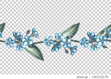 Seamless border with forget-me-not flowers. Hand-drawn watercolor illustration. For textiles, prints, wrapping paper, napkins, tablecloths, and more. 136332279