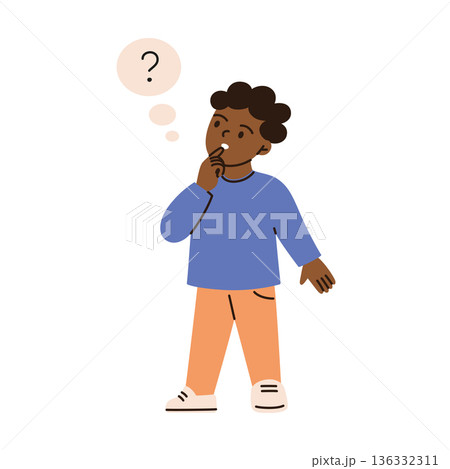 Small boy standing and thinking with question mark in speech bubble, curiosity and learning theme. Flat cartoon vector illustration about child interest, education, reflection and asking questions Small boy standing and thinking with question mark in speech bubble, curiosity and learning theme. Flat cartoon vector illustration about child interest, education, reflection and asking questions 136332311