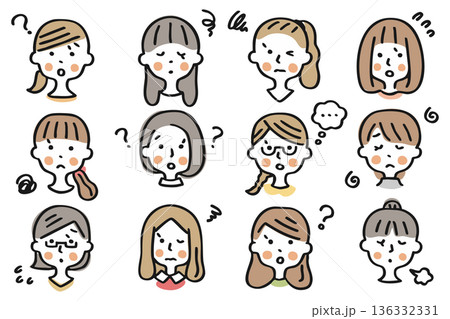 女性の顔のアイコンセット①困った表情 136332331