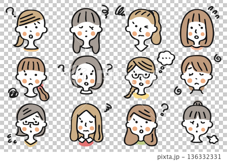 女性の顔のアイコンセット①困った表情 136332331