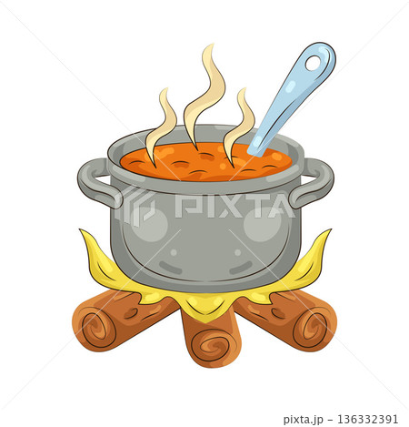 Illustration of Soup cooking over a campfire 136332391