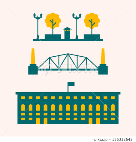 Urban city building icons set. 136332642