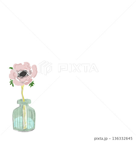 水彩風の手書きイラスト　ピンクのアネモネ一輪挿し 136332645