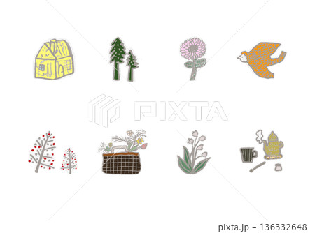 北欧風の手書きイラストセット　花とコーヒーと日常の小物 136332648