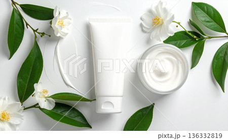 白い花と緑の葉を添えた空白の化粧品チューブとクリームジャーのモックアップ、白背景のナチュラルでオーガ 136332819