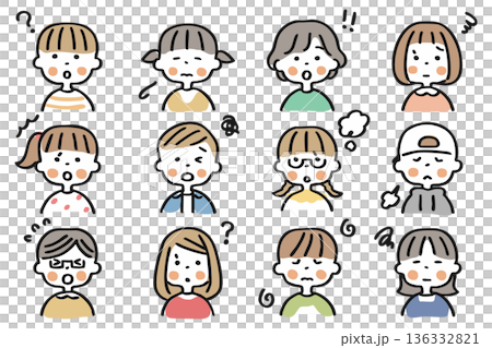 Child upper body icon set ① Facial expressions (?, surprised, troubled) Child upper body icon set ① Facial expressions (?, surprised, troubled) 136332821