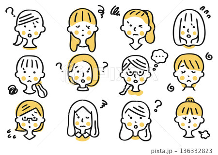 女性の顔のアイコンセット②困った表情 女性の顔のアイコンセット②困った表情 136332823