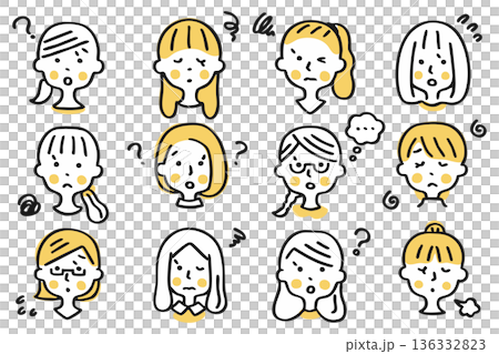 女性の顔のアイコンセット②困った表情 女性の顔のアイコンセット②困った表情 136332823