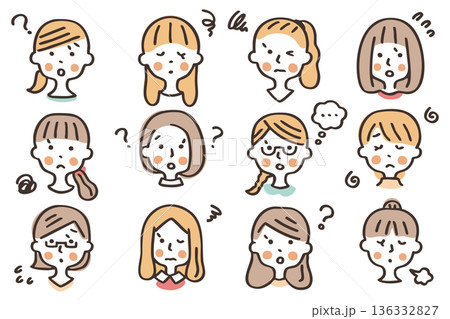 女性の顔のアイコンセット③困った表情 136332827