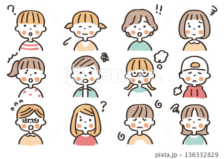 こどもの上半身のアイコンセット③表情(?、驚く、困る) こどもの上半身のアイコンセット③表情(?、驚く、困る) 136332829