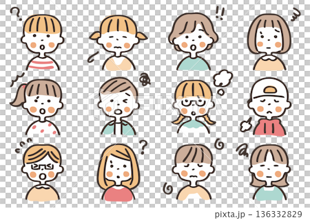 こどもの上半身のアイコンセット③表情(?、驚く、困る) こどもの上半身のアイコンセット③表情(?、驚く、困る) 136332829