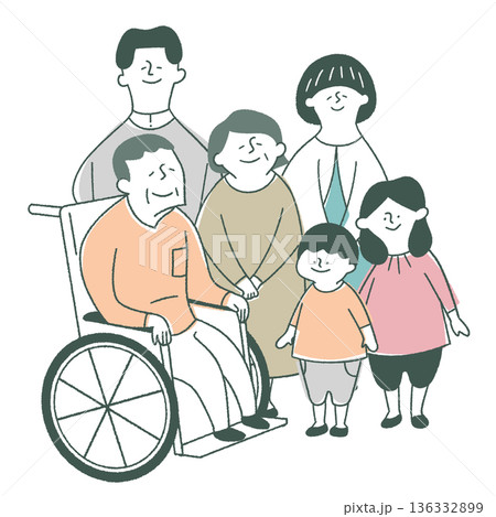 車椅子の祖父と3世代家族 136332899