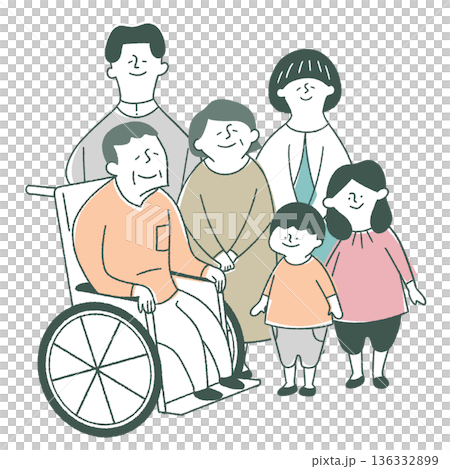 坐輪椅的爺爺和三代同堂的家庭 坐輪椅的爺爺和三代同堂的家庭 136332899