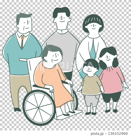 一個三代同堂的家庭，祖母坐輪椅。 136332900