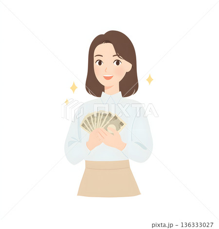 お金を手にして喜ぶ女性のイラスト。宝くじ当選や臨時収入、株高による副収入など 136333027