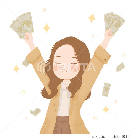 お金を手にして喜ぶ女性のイラスト。宝くじ当選や臨時収入、株高による副収入など 136333030