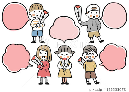 花を持つこどもと吹き出しのイラストセット【母の日】① 花を持つこどもと吹き出しのイラストセット【母の日】① 136333078